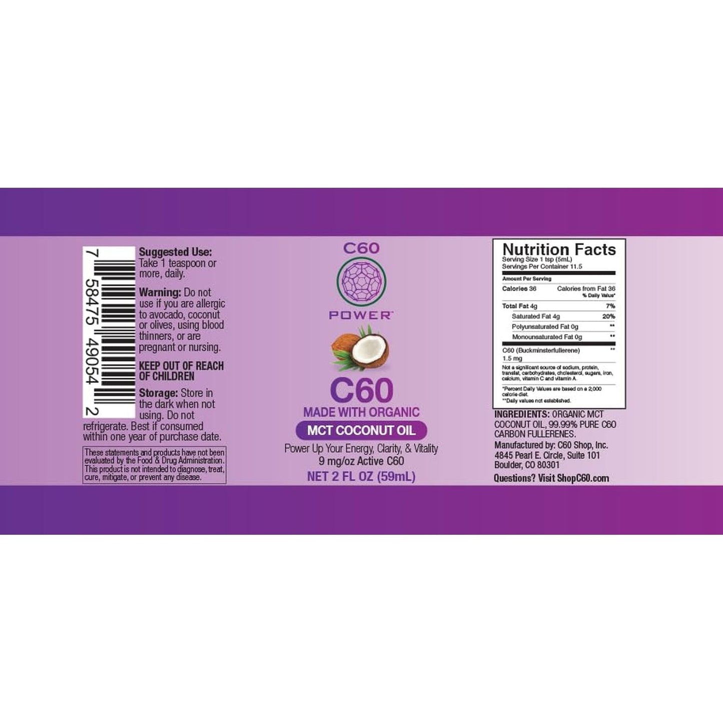 C60 Power - Organic MCT Coconut Oil, 2 Fl Oz, 99.99% Pure Carbon Fullerenes, Lift Oxidative Burden, Optimize Mitochondrial Function