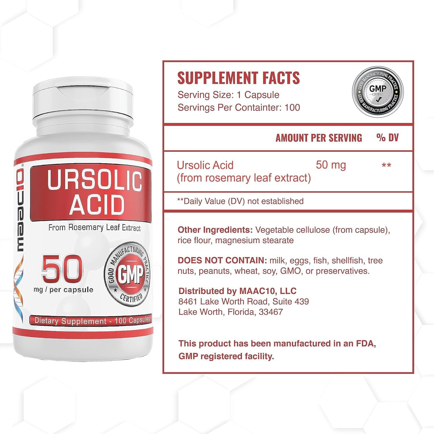 MAAC10 Ursolic Acid 50Mg | Sourced from Rosemary Extract | AMPK & Sirtuin Activator (100 Capsules) 