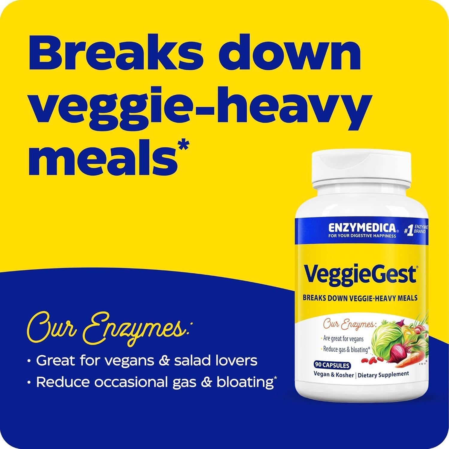Enzymedica Veggiegest, Digestive Enzymes for Vegetarian and Raw Diets, Prevents Gas and Bloating, 90 Count