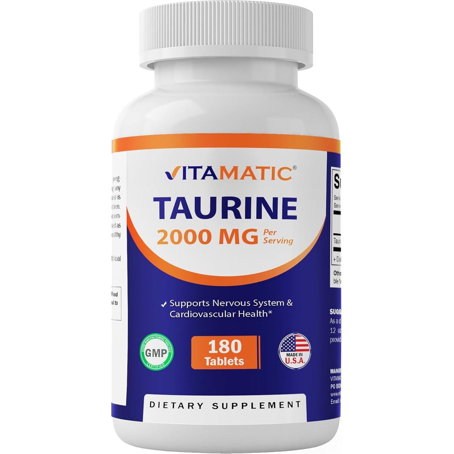 Vitamatic Taurine 2000Mg Vegetarian Tablets, 180 Count, Non-Gmo, Gluten Free
