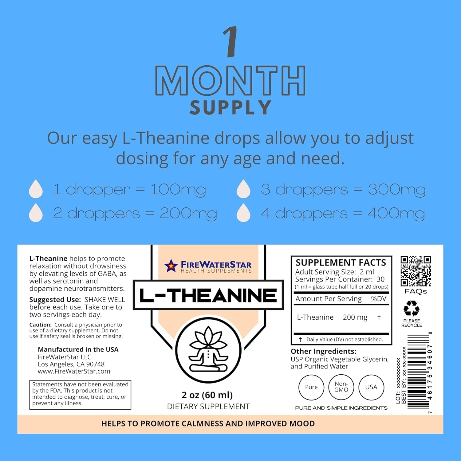 FWS L Theanine Liquid Drops, 200Mg - Helps to Promote Calmness, Relaxation, Improved Mood, Restful Sleep, for Adults and Kids