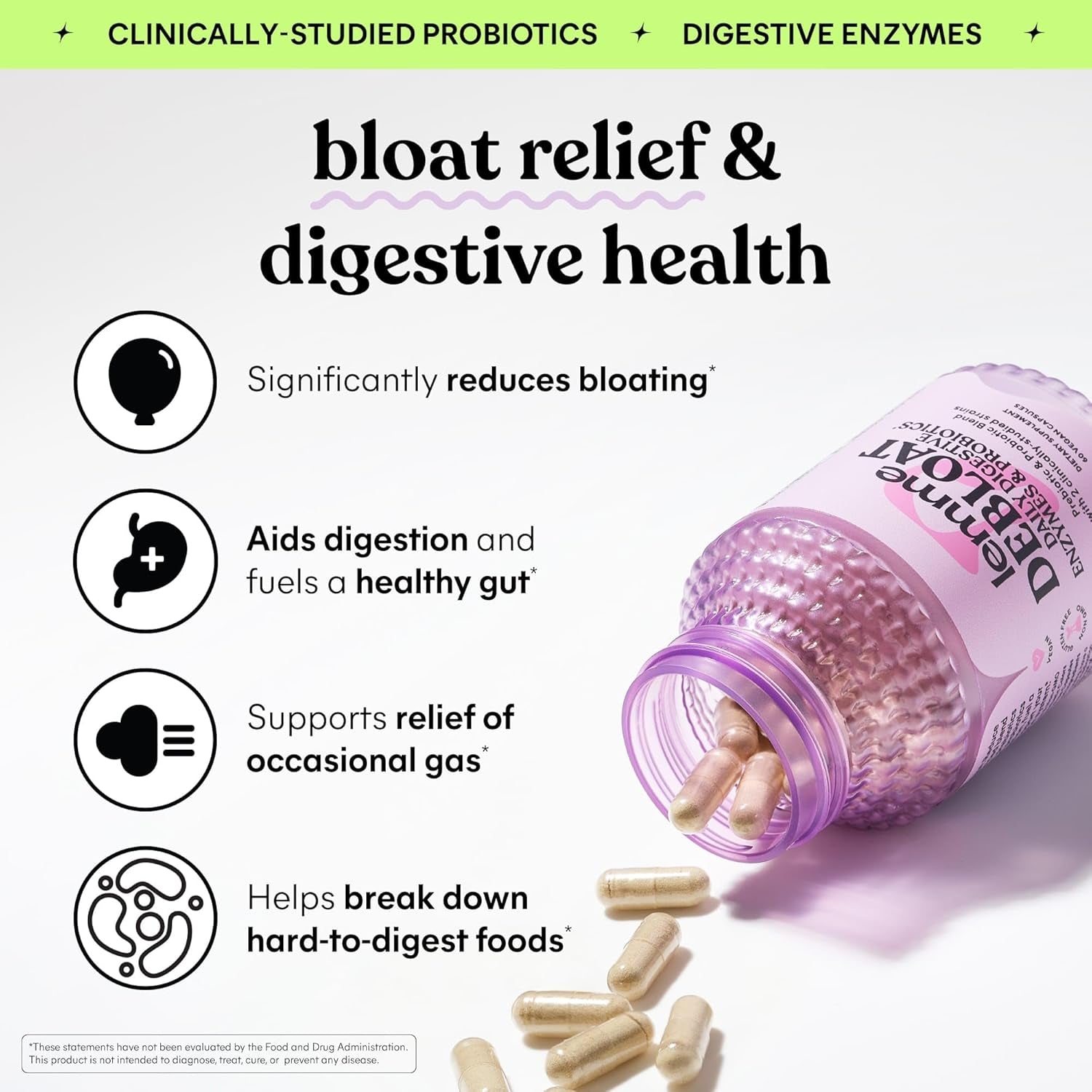 Lemme Debloat 3-In-1 Prebiotic, Probiotic & Digestive Enzyme Capsules for Bloating & Gas Relief 60 Count