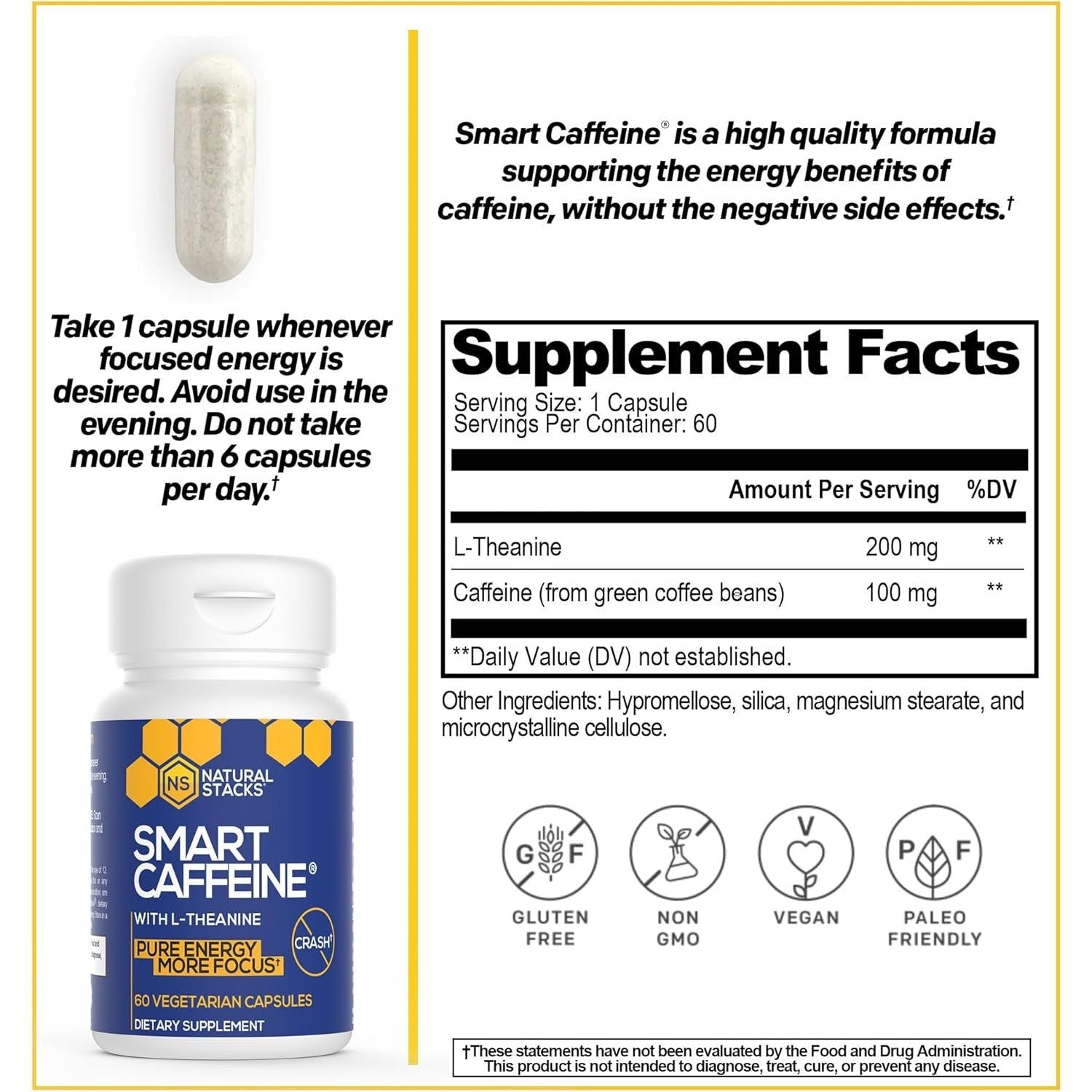 NATURAL STACKS Smart Caffeine Pills - 100Mg Caffeine + 200Mg L-Theanine Supplement 60 Capsules