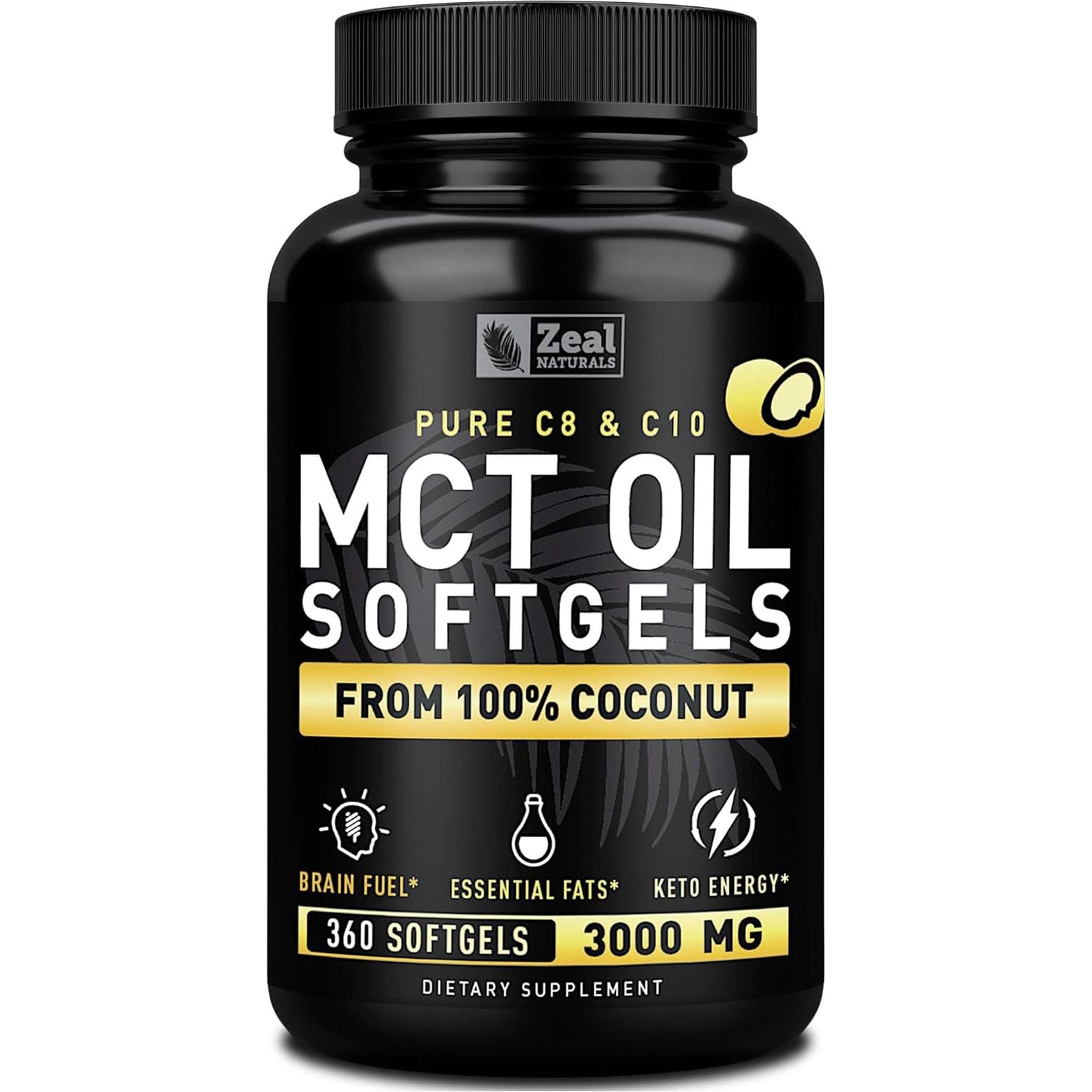 Pure MCT Oil Capsules (360 Softgels | 3000Mg) 4 Month Supply Keto Pills W Unrefined Coconut - C10 & C8 Brain Fuel, Energy, Octane Ketosis