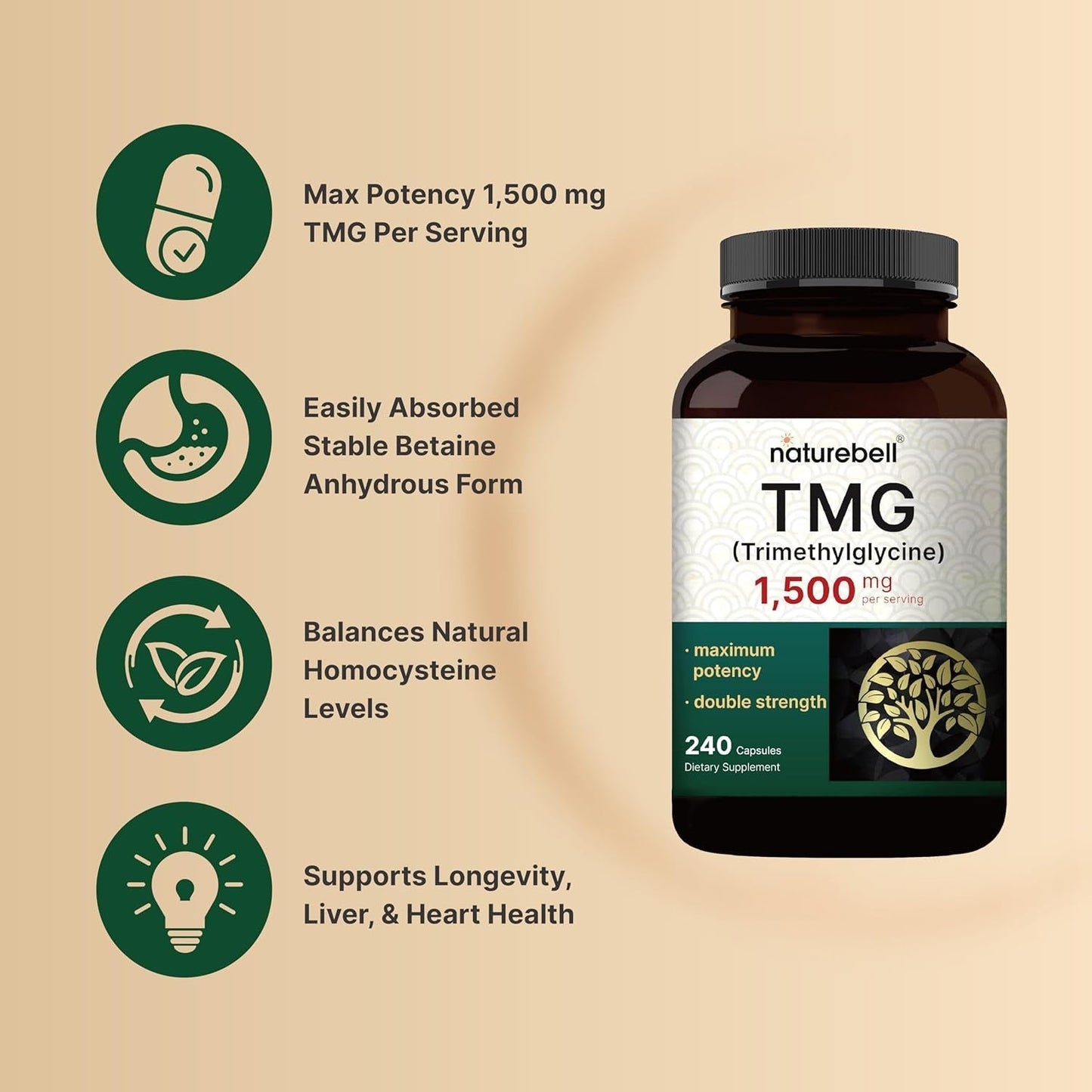 Naturebell TMG Supplements 1,500Mg, 240 Capsules – Supports Healthy Homocysteine Balance, Heart & Liver Health