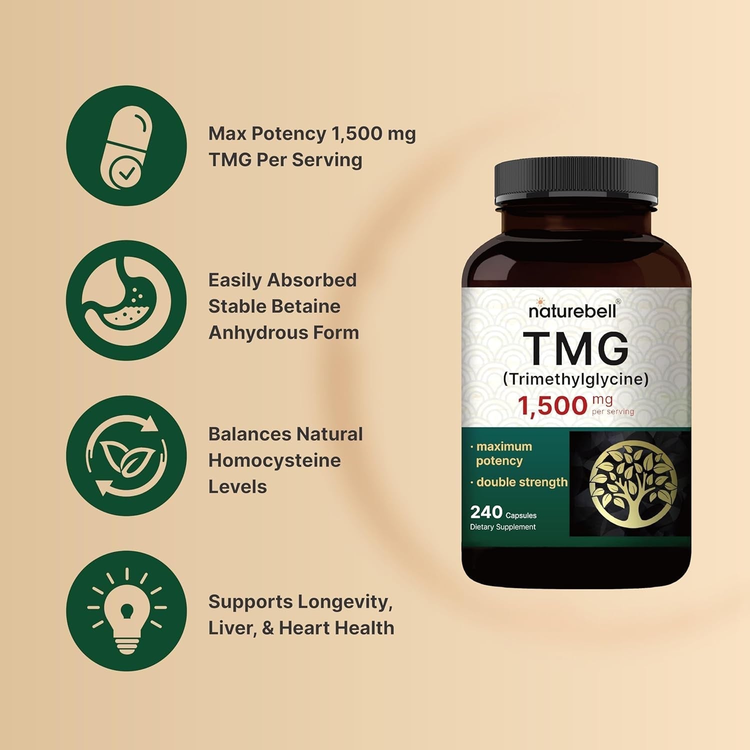 Naturebell TMG Supplements 1,500Mg, 240 Capsules – Supports Healthy Homocysteine Balance, Heart & Liver Health