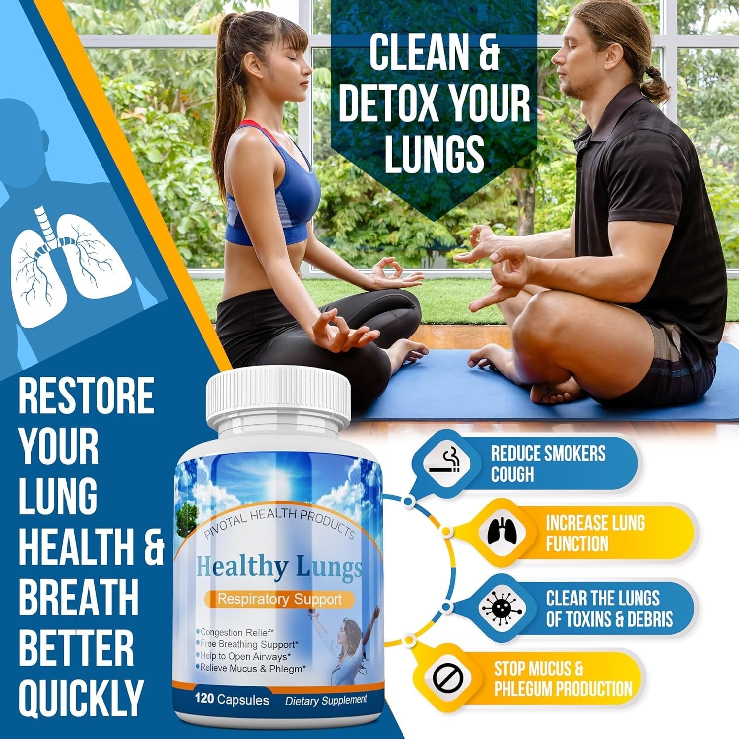 Healthy Lungs - Improve Lung Function, Breathe Better, Stop Mucus, Phlegm and Allergies Quickly 120 Capsules