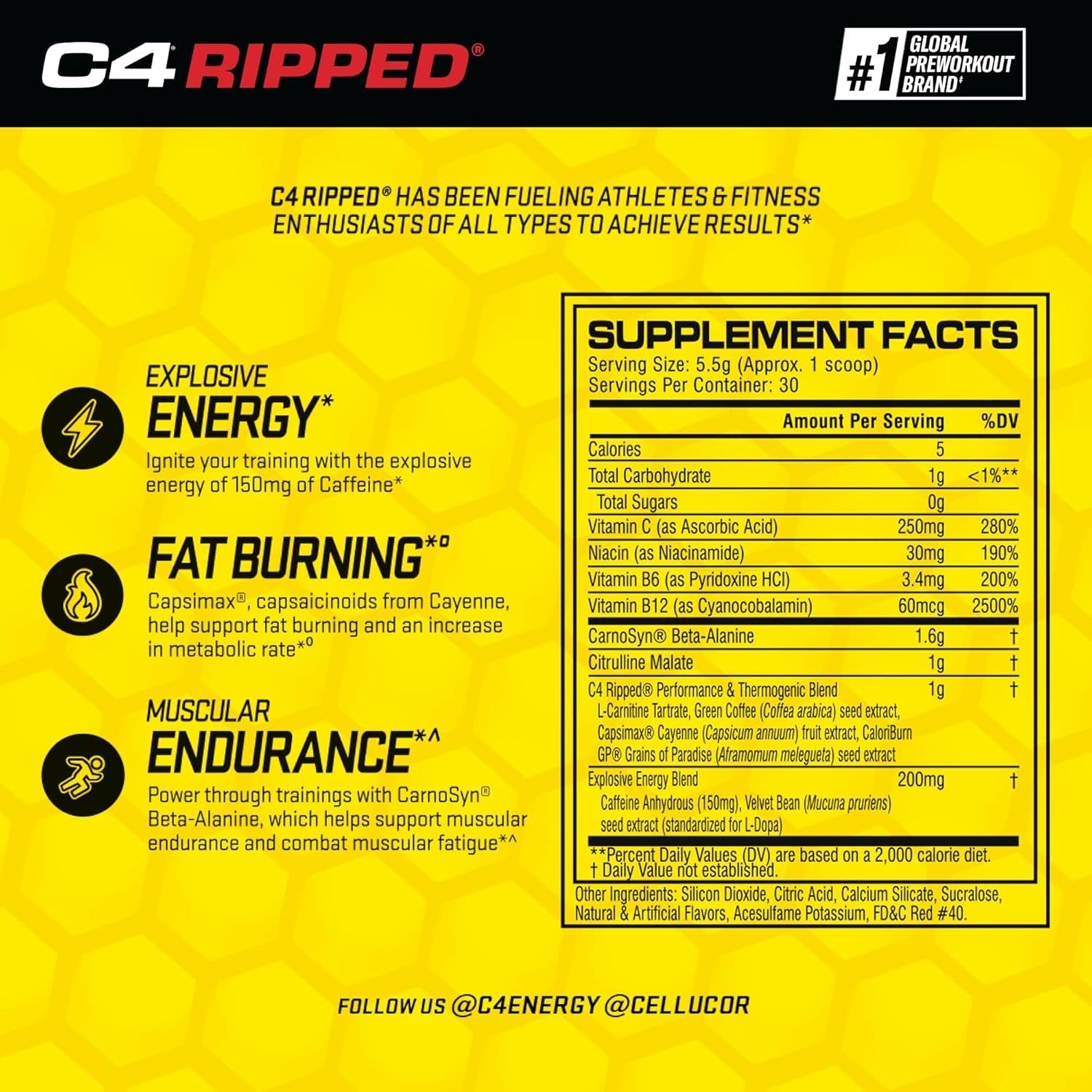 Cellucor C4 Ripped Pre Workout Powder Fruit Punch - Creatine Free + Sugar Free Preworkout - 150Mg Caffeine - 30 Servings