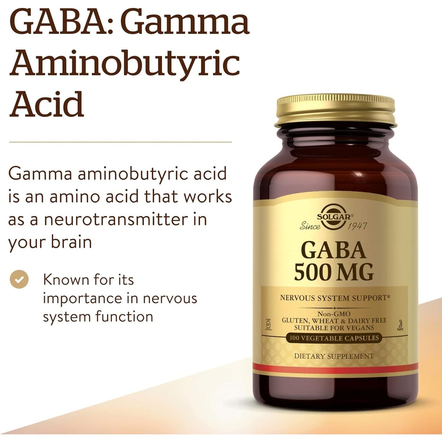 Solgar GABA 500 Mg - Relaxation & Nervous System Support 100 Vegetable Capsules