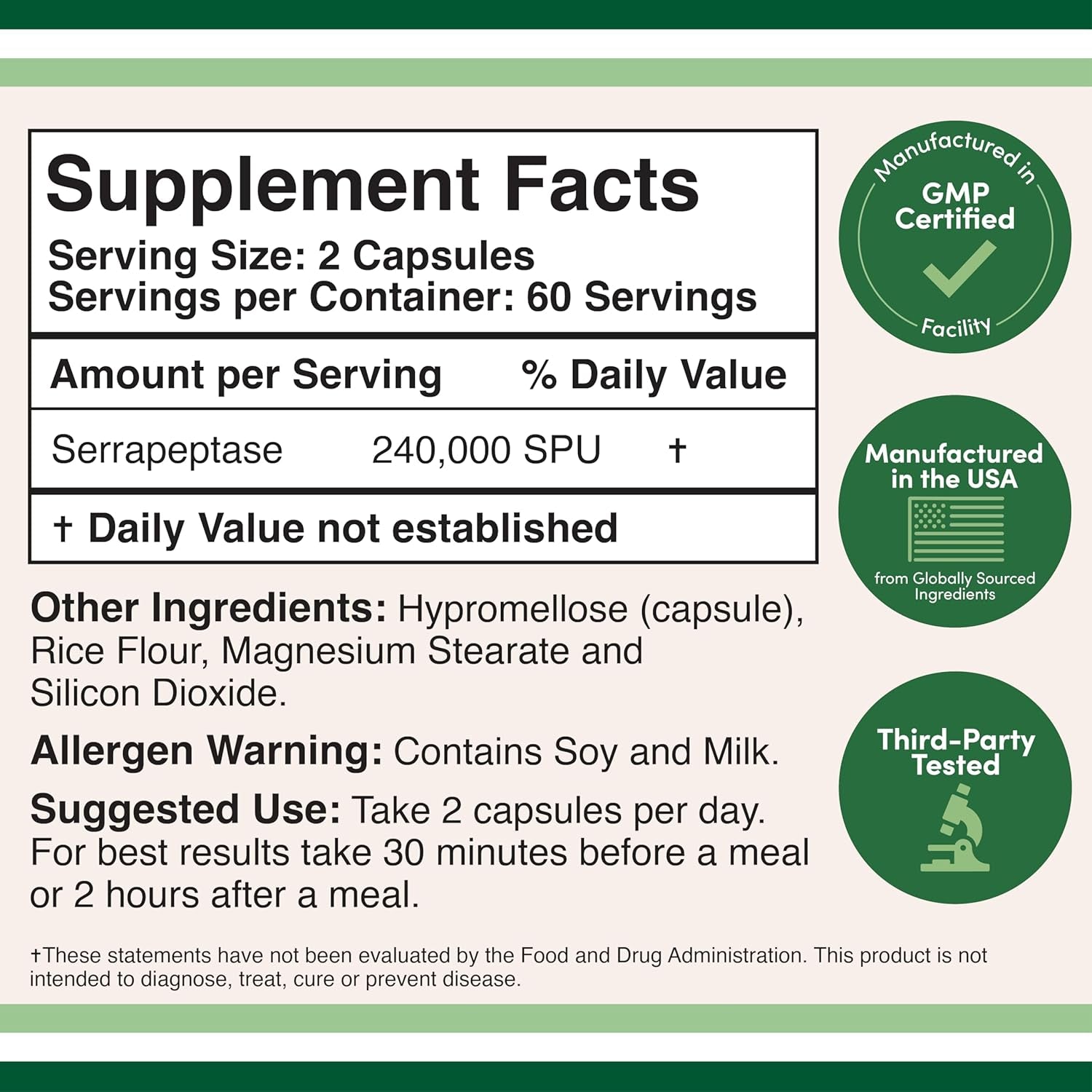 Serrapeptase 240,000 SPU Max Potency Proteolytic Enzyme for Sinus, Respiratory and Joint Health by Double Wood (120Capsules)