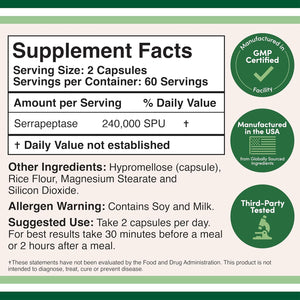 Serrapeptase 240,000 SPU Max Potency Proteolytic Enzyme for Sinus, Respiratory and Joint Health by Double Wood (120Capsules)