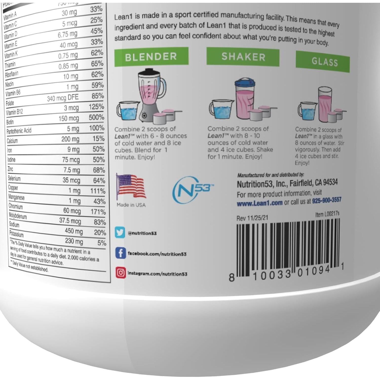 Nutrition 53 Lean 1 Meal Replacement Powder for Weight Loss & Fat Burner (15 Servings)