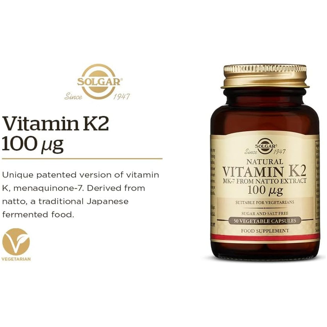 Solgar Vitamin K2 MK7 100Mcg - Supports Bone Health Natural Whole Food Source 50 Count