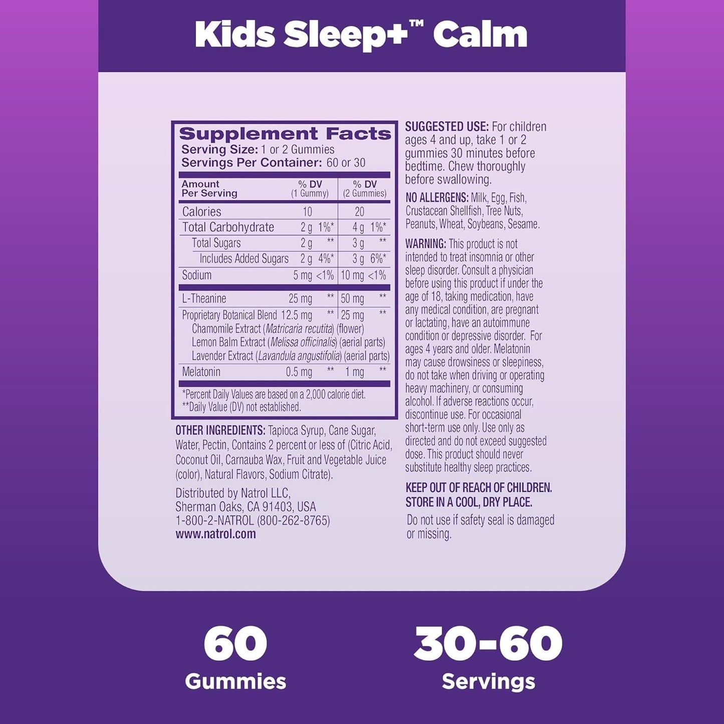 Natrol Kids Sleep+ Calm Melatonin and L-Theanine  60 Melatonin Gummies 60 Day Supply