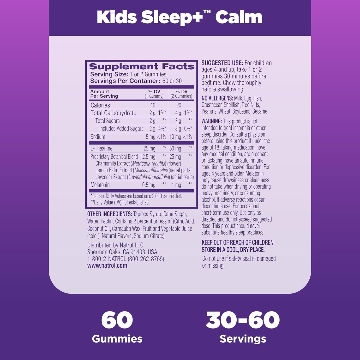 Natrol Kids Sleep+ Calm Melatonin and L-Theanine  60 Melatonin Gummies 60 Day Supply