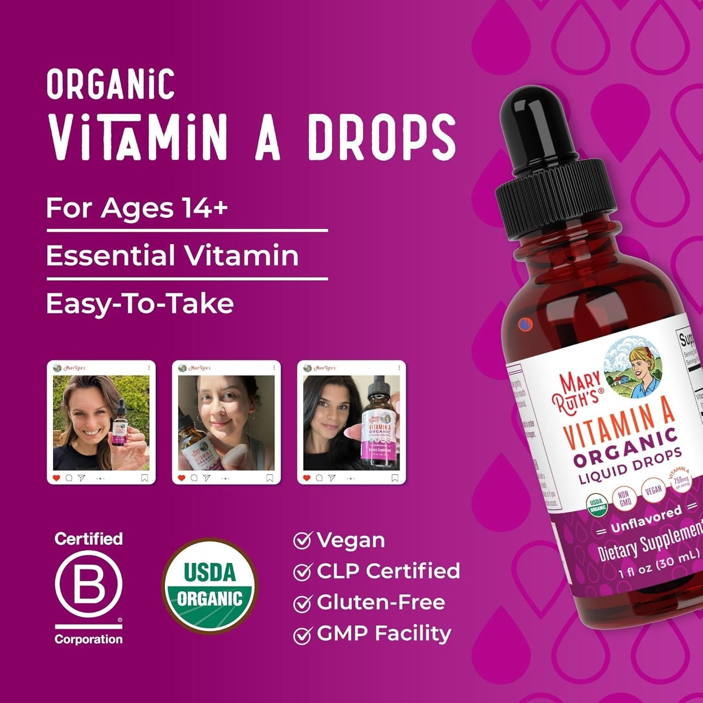 Maryruth Organics USDA Organic Vitamin A Liquid Drops for Immune Support, Eye Health, Skin Health for Ages 14+ | 3 Month Supply/10z