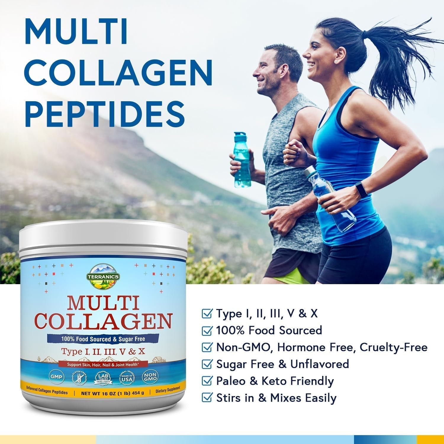 Terranics Multi Collagen Peptides Powder, Type I II III V X Hydrolyzed Collagen for Women+Men, 16Oz