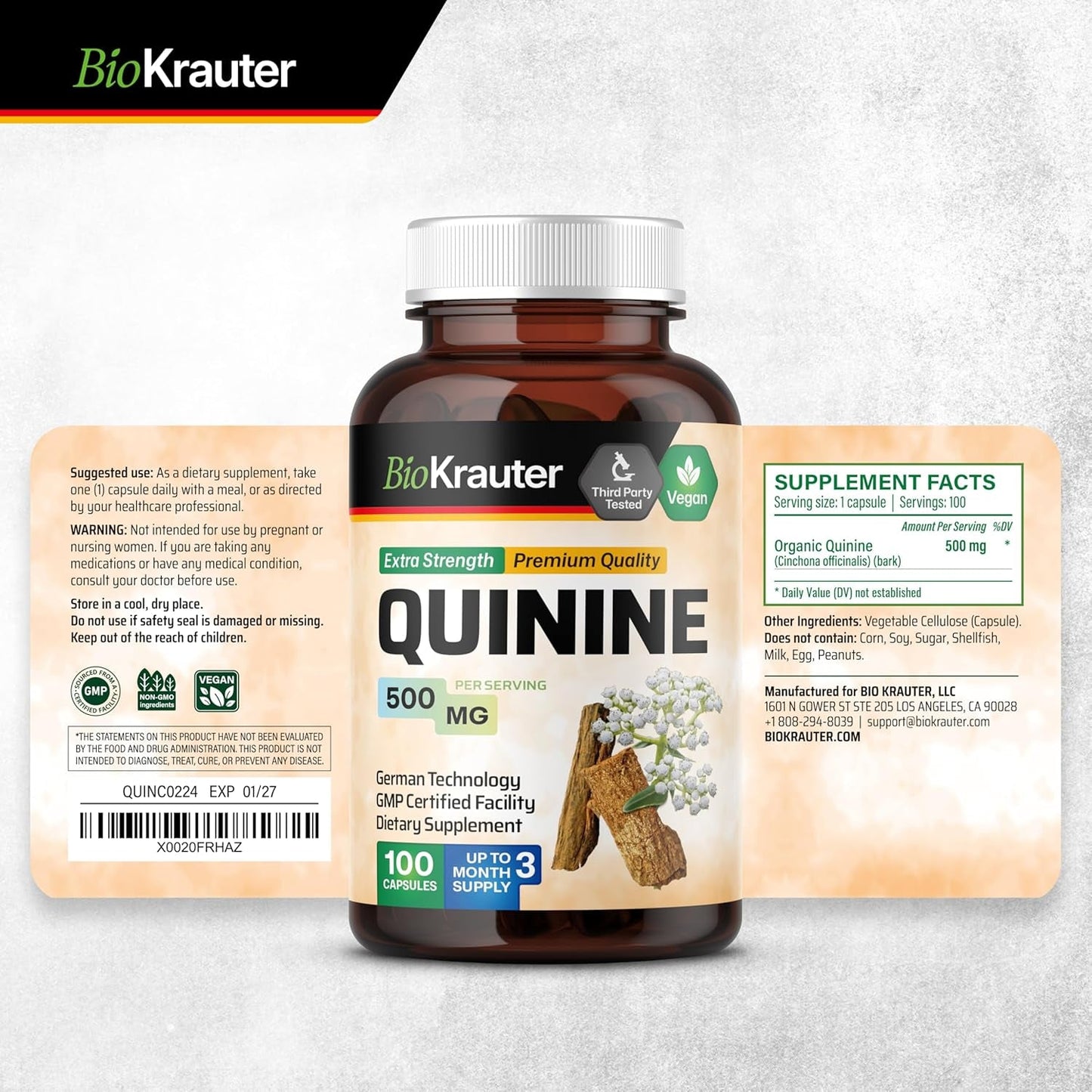 BIO KRAUTER Quinine for Leg Cramps Capsules 500 Mg - 100 Count - Cinchona Bark Powder - Quinine Capsules - Vegan, No Fillers