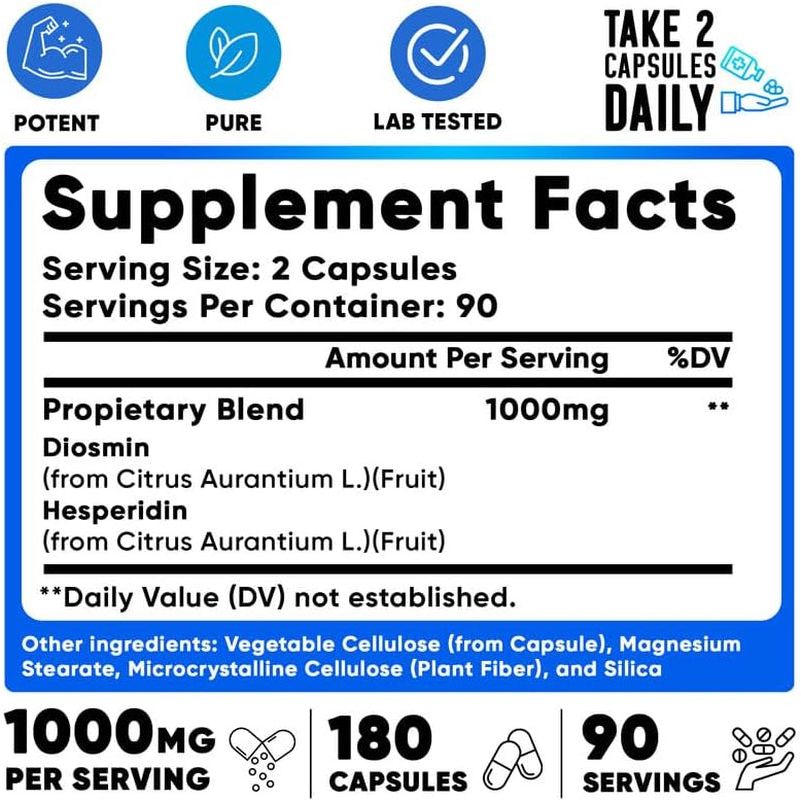 We like Vitamins Diosmin Hesperidin 1000Mg – Helps to Support Healthy Circulation, Veins, Capillaries, and Lymphatic Drainage 180 Capsules