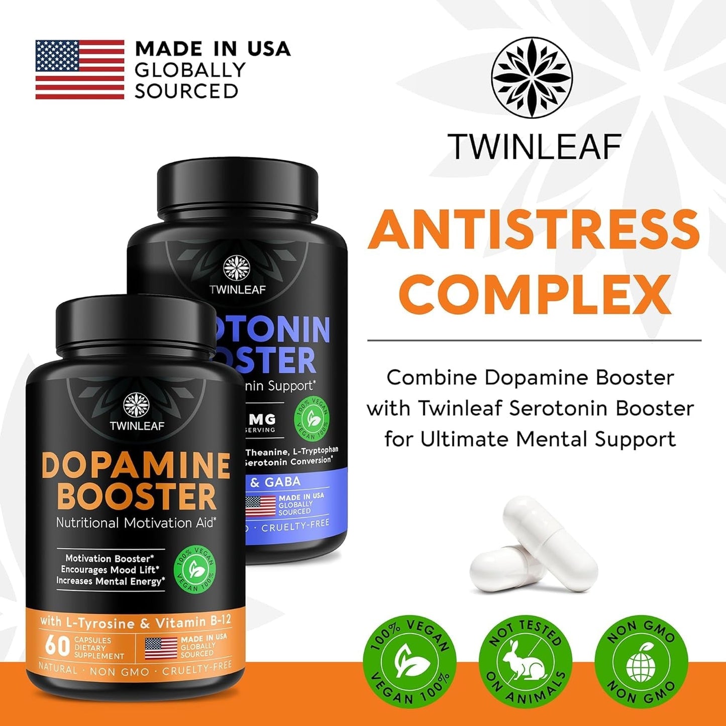 TWINLEAF Dopamine Brain Support Supplement, 1000 Mg Blend - Made in USA - Enhance Mental Well-Being - 60 Capsules