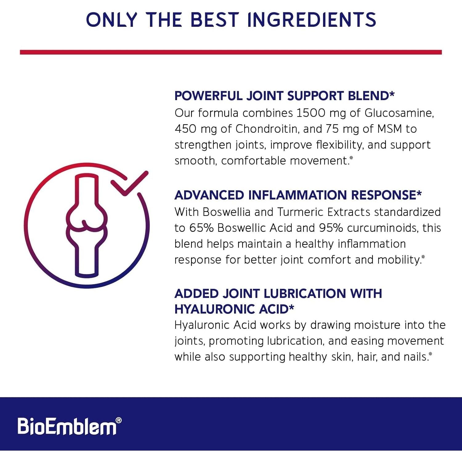 Bioemblem Joint Support - Glucosamine Chondroitin + MSM 1500 MG - with Boswellia, Turmeric & Hyaluronic Acid 90 Caps