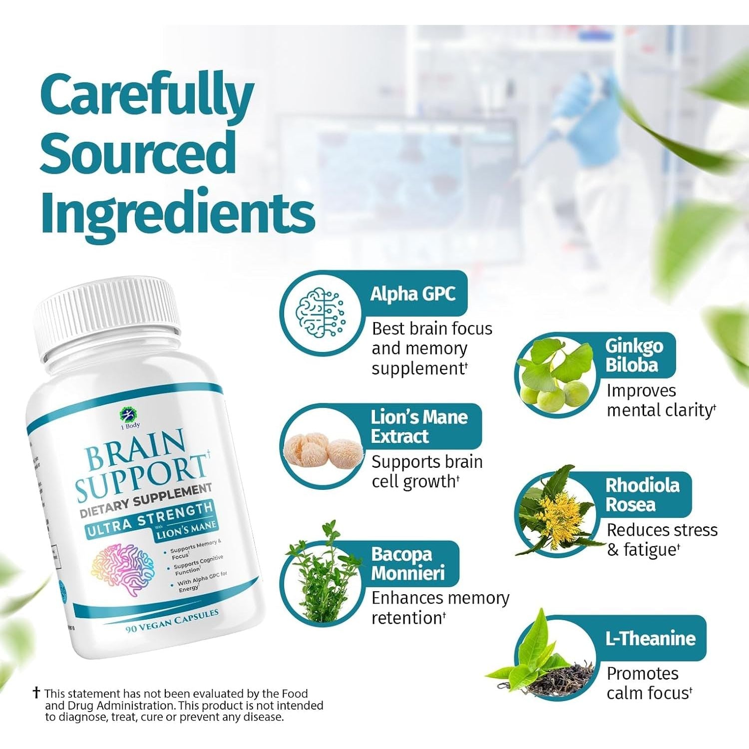 1 Body Brain Supplement Capsules with Lions Mane for Memory and Focus