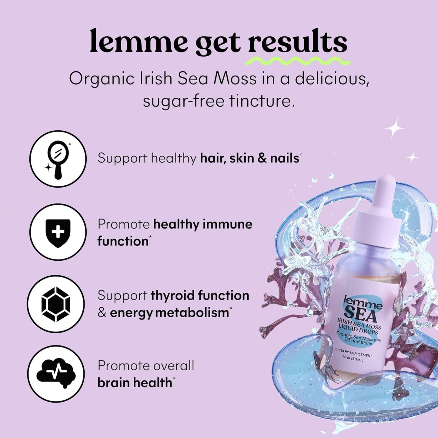 Lemme Irish Sea Moss Organic Liquid Drops with Vitamin D3 and Biotin for Trace Mineral Support, Immunity, Hair, Skin & Nails, Brain Health - 30 Servings
