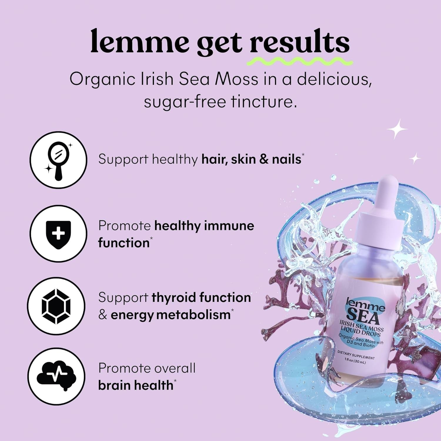 Lemme Irish Sea Moss Organic Liquid Drops with Vitamin D3 and Biotin for Trace Mineral Support, Immunity, Hair, Skin & Nails, Brain Health - 30 Servings