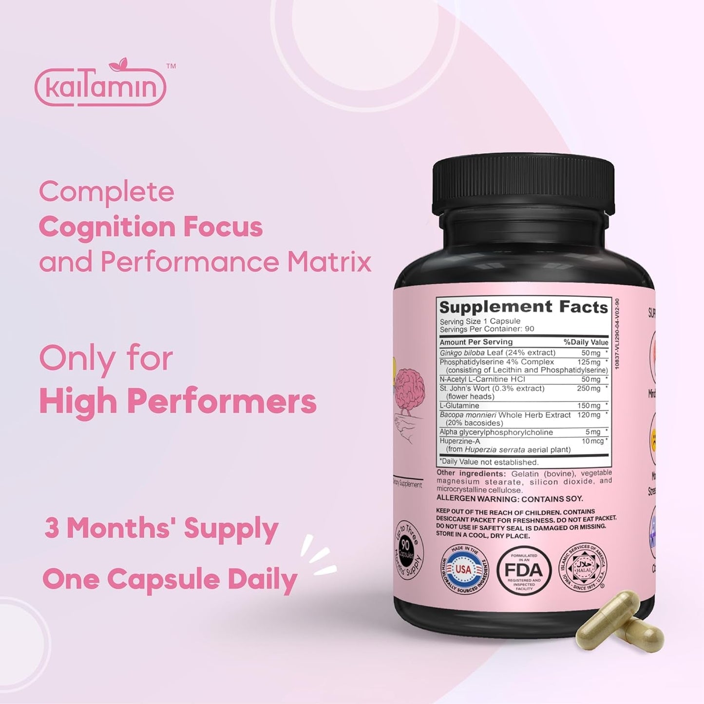 Nootropic Vitamin Brain Matrix - Memory, Focus & Aging Support - Decaffeinated - 90 Tablets.