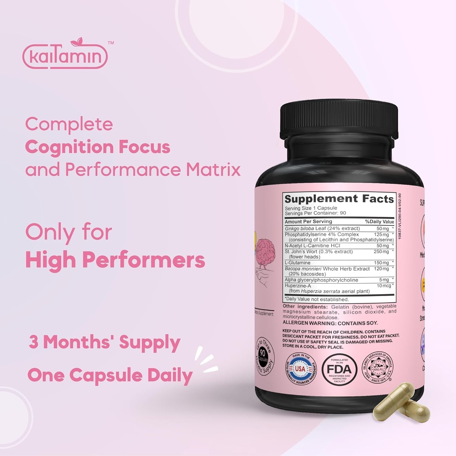 Nootropic Vitamin Brain Matrix - Memory, Focus & Aging Support - Decaffeinated - 90 Tablets.