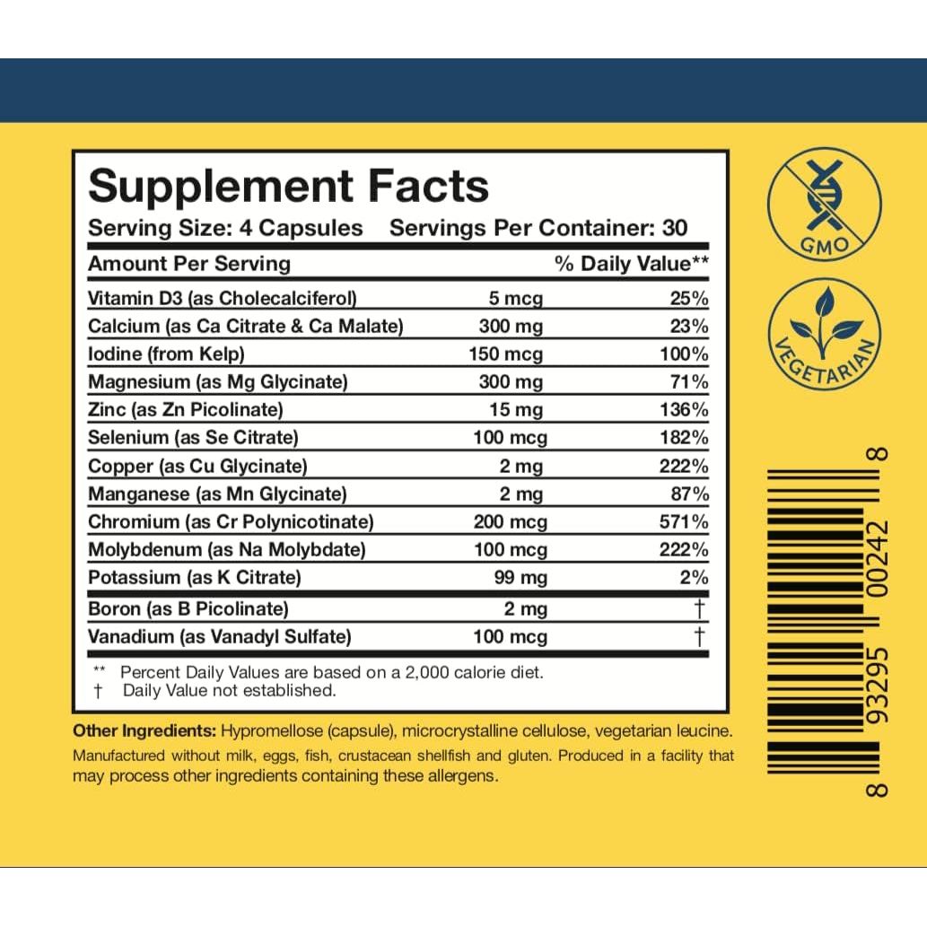Researched Nutritionals Core Minerals - Iron-Free Multi Minerals Supplement Supports Bone Strength, Thyroid & Brain Health (120 Capsules)