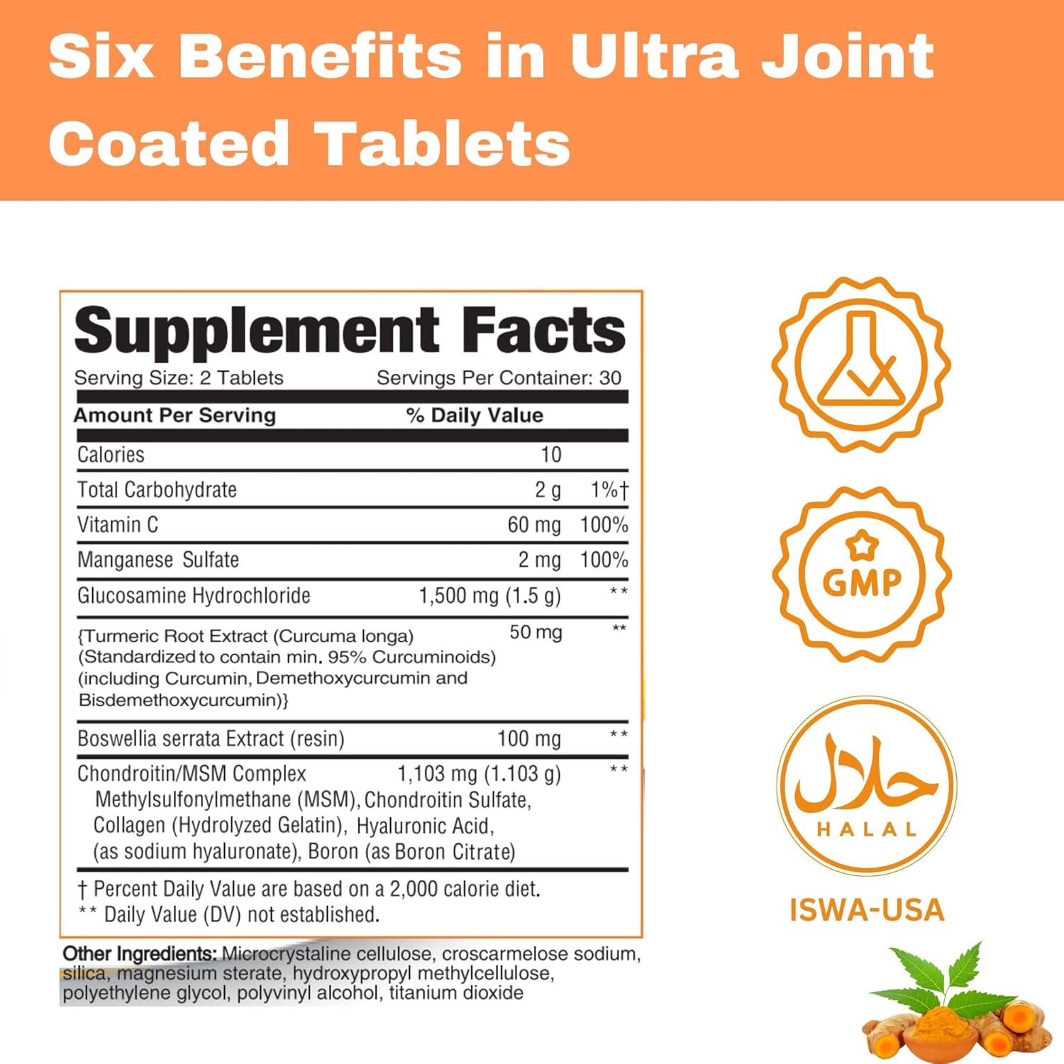 Greenfield Nutritions Ultra Joint Halal Vitamins - Glucosamine Chondroitin/Msm with Turmeric, Collagen, Vitamin C, and Manganese 60 Halal Tablets