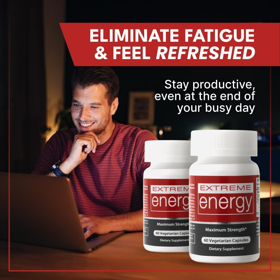 Extreme Energy Pills - Maximum Strength All-Natural Energy Supplements for Fatigue, Focus, Motivation (60 Ct)