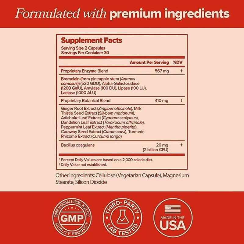 GOGO Bloating & Gas Digestive Relief - Digestive Enzymes for Bloating Relief & Water Retention Reduction 30 Servings