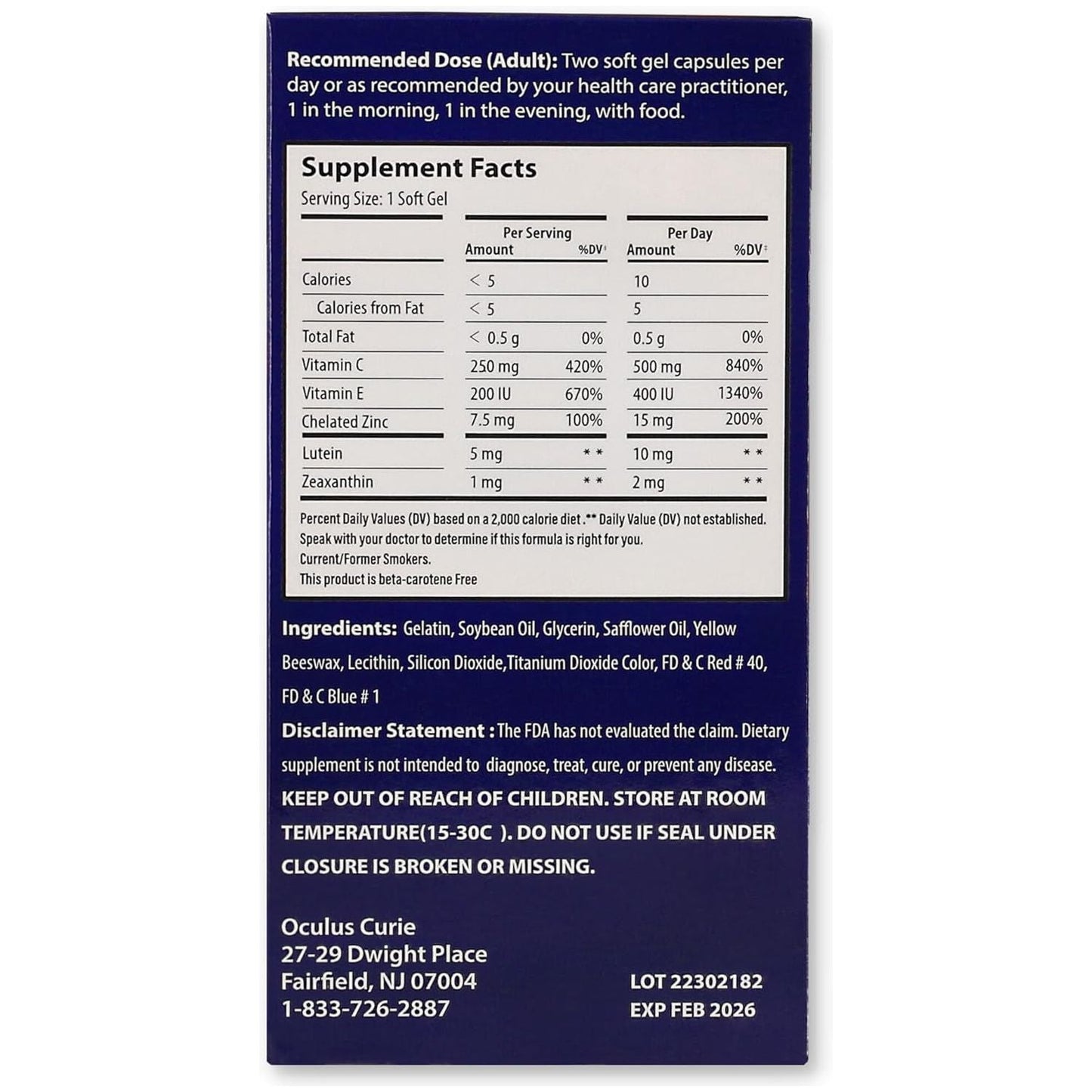 Vita Naina AREDS2 Eye Vitamins and Mineral Supplement (Zeaxanthin 2Mg) (120 Softgels)