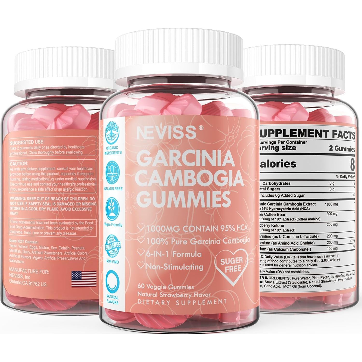 Sugar Free Garcinia Cambogia Gummies 1000Mg 95% HCA Pure Extract, Strawberry Flavor 60 Count