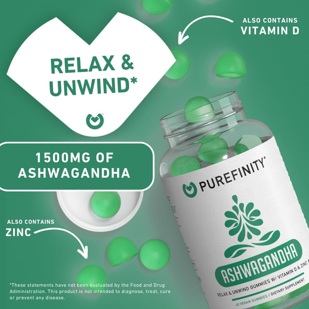 Ashwagandha Gummies with Vitamin D & Zinc – Supplement for Relaxation, Calming, and Mood Support 60 Count