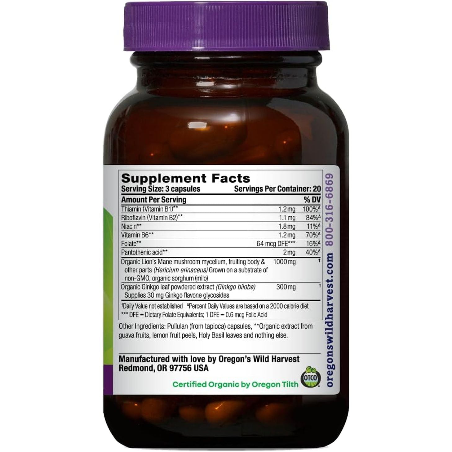 Oregon'S Wild Harvest Lion'S Mane plus Brain & Memory Support with Vitamins & Ginkgo, Organic, 60 Count