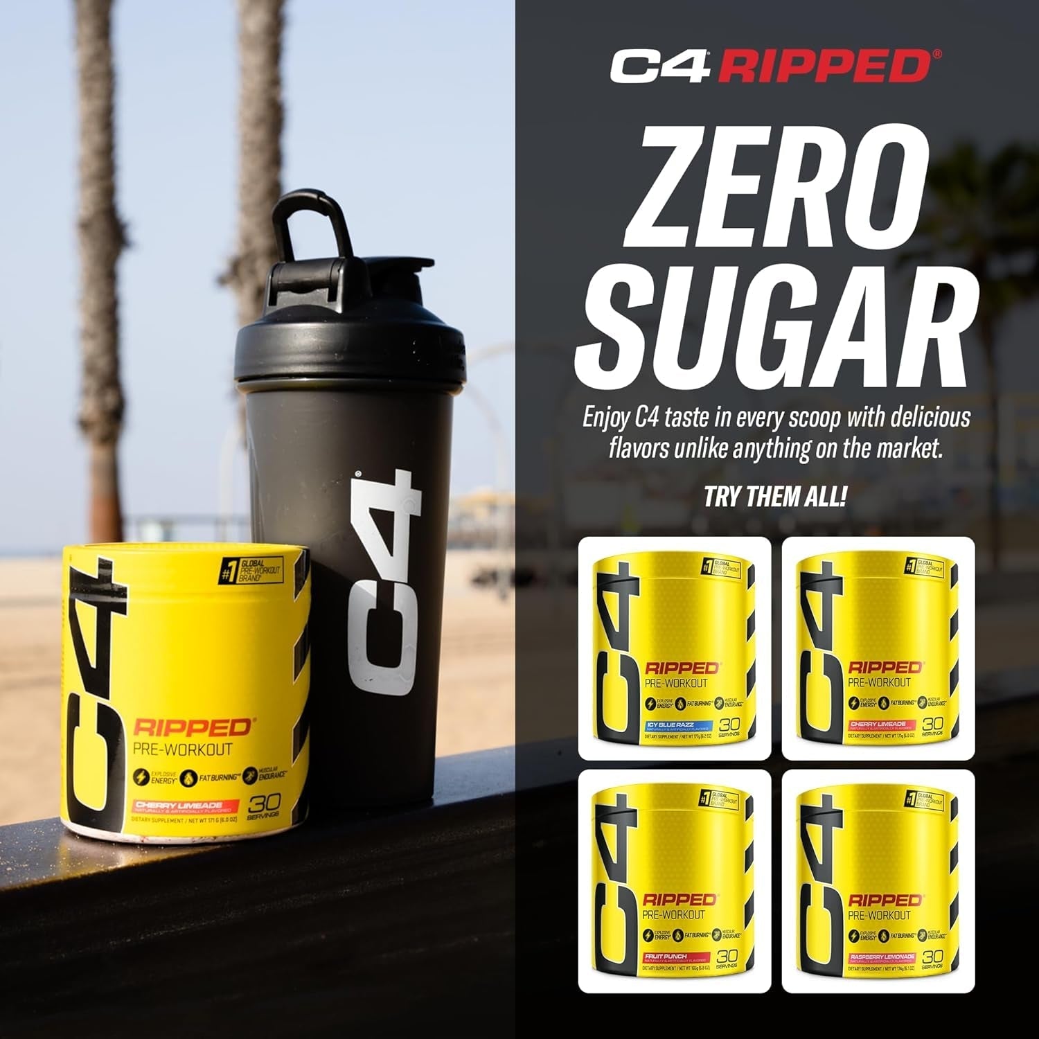 Cellucor C4 Ripped Pre Workout Powder Fruit Punch - Creatine Free + Sugar Free Preworkout - 150Mg Caffeine - 30 Servings