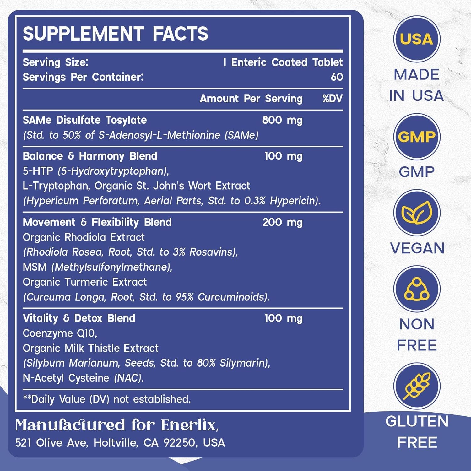 1200 MG SAM E Supplement for Brain, Mood, Joint, and Liver, 60 Tablets, Vegan