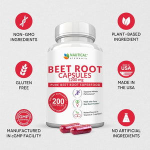 Beet Root Capsules Supports Blood Pressure, Athletic Performance, Digestive, Immune System (1200Mg/200 Capsules)