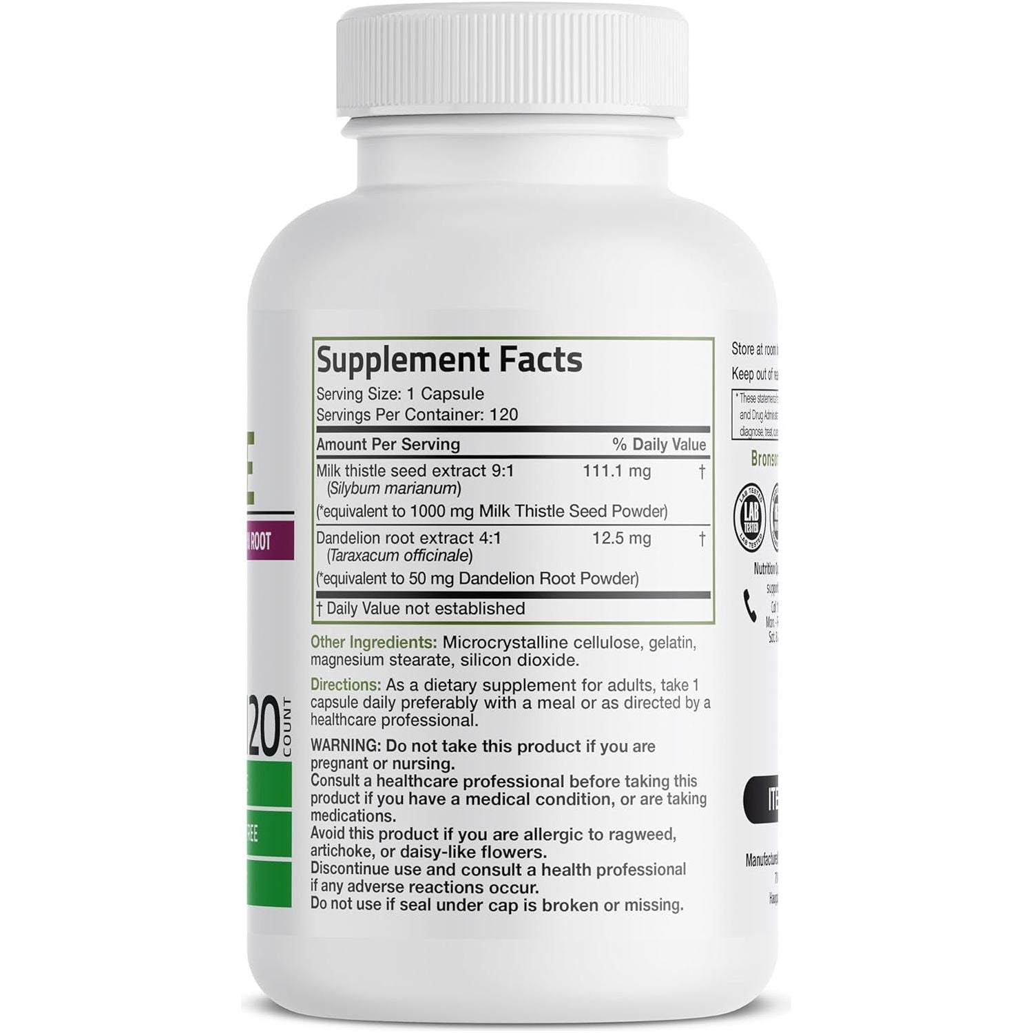 Bronson Milk Thistle Silymarin Marianum & Dandelion Root Liver Health Support, 120 Capsules