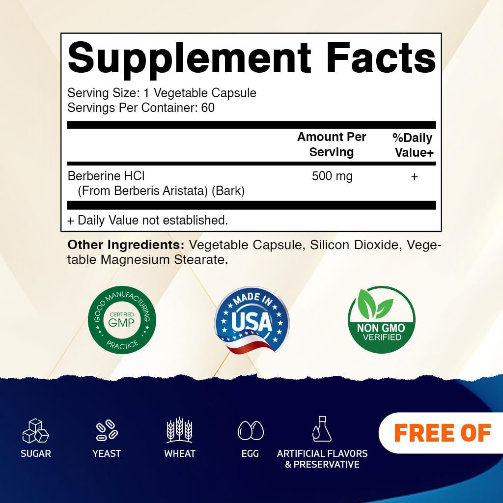 Vitamatic Berberine Supplement 500Mg - 60 Vegetable Capsules - Made in the USA 