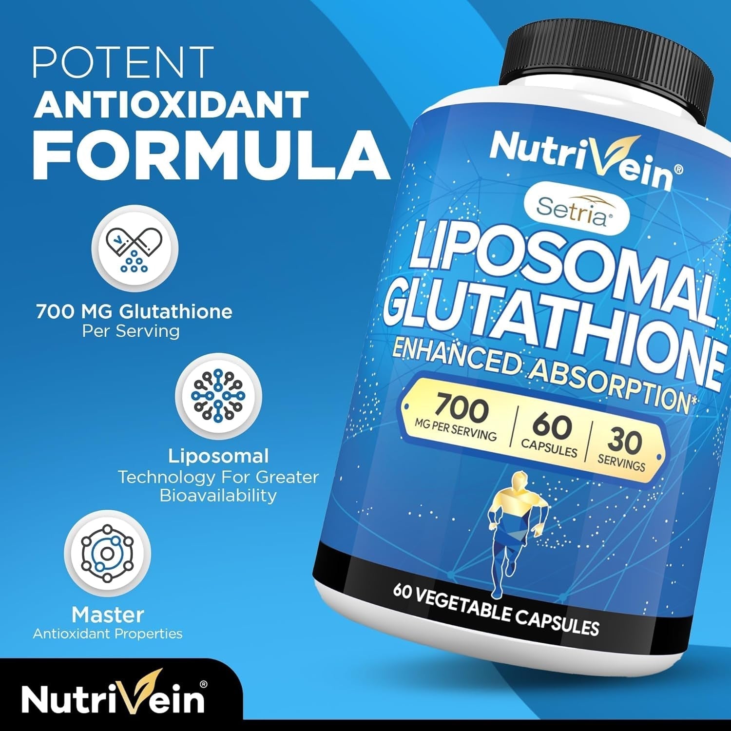Nutrivein Premium Liposomal Glutathione Supplement 700 Mg - Cell Protection, Cleansing, Liver, Brain, and Defenses 60 Caps