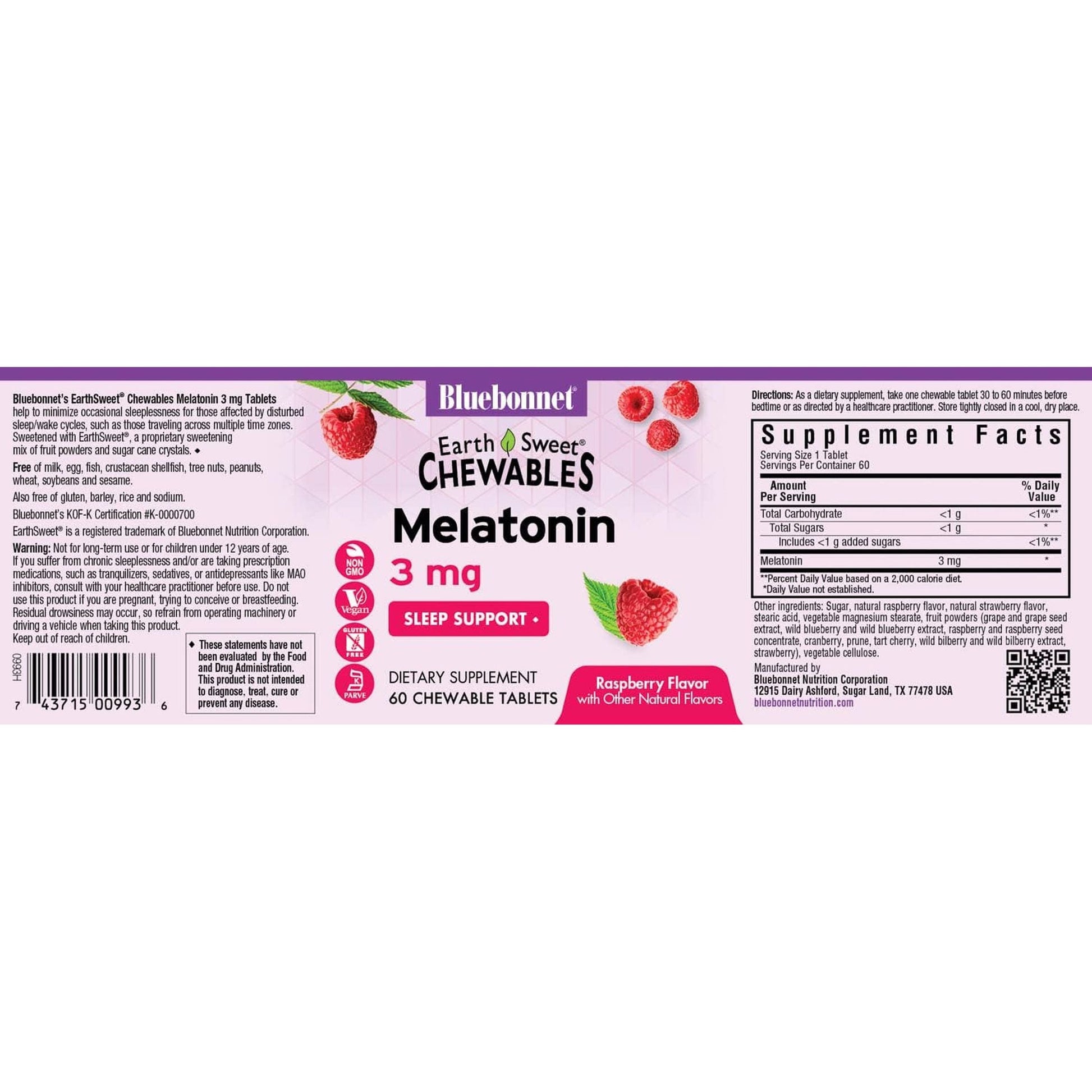 Bluebonnet Nutrition Earthsweet Melatonin 3 Mg - Relaxation & Restful Sleep Support 60 Tablets