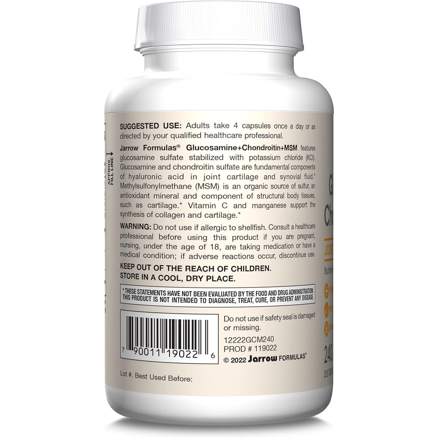 Jarrow Formulas Glucosamine + Chondroitin + MSM Capsules, Joint Support Supplement with Vitamin C and Manganese, 240 Capsules,