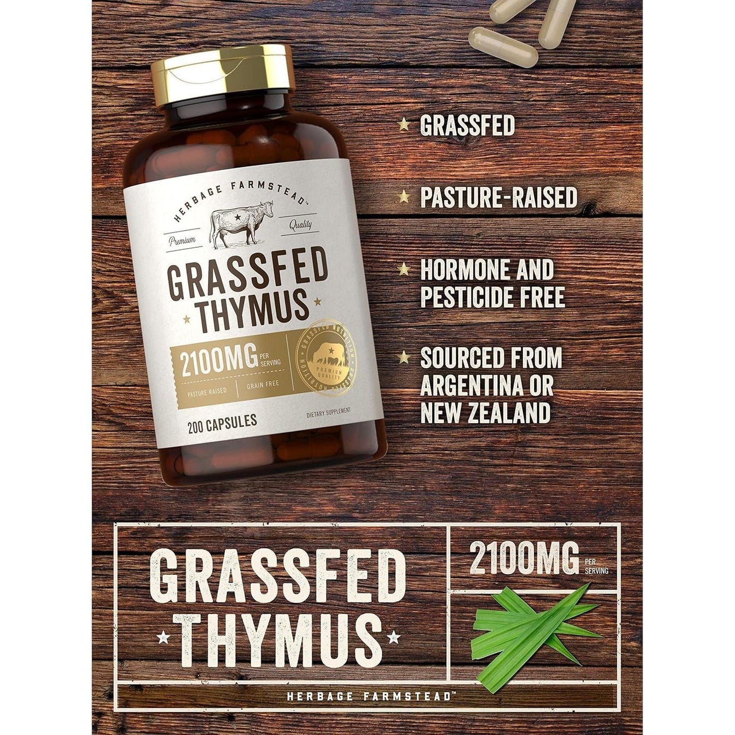 Carlyle Grass Fed Beef Thymus Bovine Supplement | 2100Mg | 200 Capsules by Herbage Farmstead