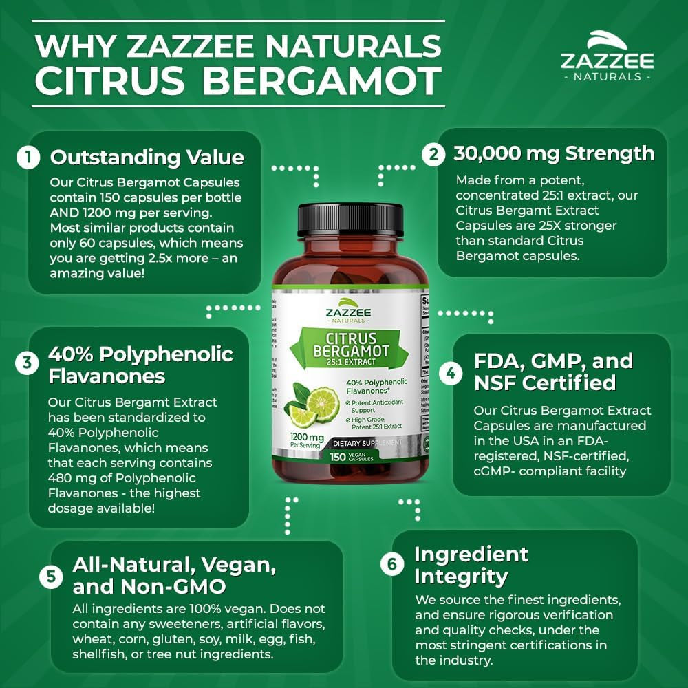 Zazzee Extra Strength Citrus Bergamot 25:1 Extract, 1200 Mg Per, 40% Polyphenolic Flavanones, 150 Vegan Capsules Made in the USA