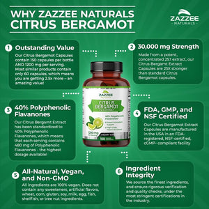 Zazzee Extra Strength Citrus Bergamot 25:1 Extract, 1200 Mg Per, 40% Polyphenolic Flavanones, 150 Vegan Capsules Made in the USA