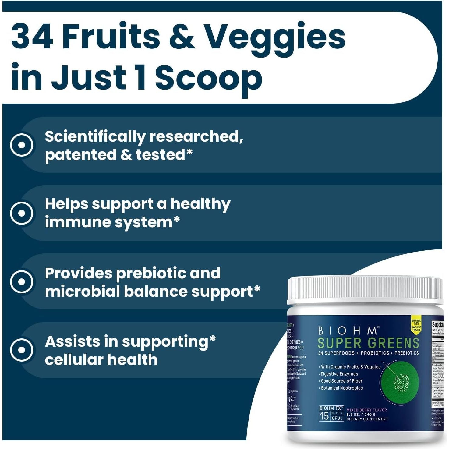 BIOHM Super Greens, Antioxidant Veggie Powder & Smoothie Mix (8.5 Oz, 30 Servings)